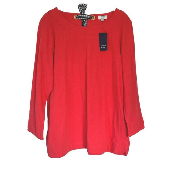 Crown & Ivy Tops - NEW CROWN & IVY Womens L - Wide Neck Bow Detail 3/4 Sleeve Coral Pink Red Blouse